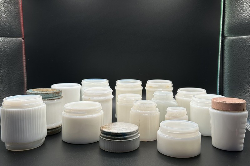 Large lot of 17, Vintage Milk Glass Cosmetic Containers Avon, Jergens, Other.