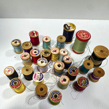Vintage Sewing Thread Lot on Wooden Spools, Multicolor lot of 27