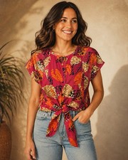 Vintage Jaclyn Smith Tropical Leaf Tie Front Blouse Made in USA Size 14