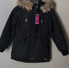 Justice Girls Black Parka Jacket M 10 Fur Trim Hood Mid-Length Full Zip