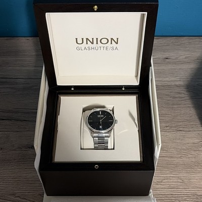 Union Glashütte Herren Quarz Uhr Edelstahl silber/schwarz Datumsanzeige Box