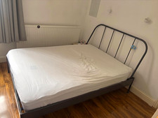 Grey Single Metal Bed Frame with Headboard, Slatted Foundation, 90x190cm