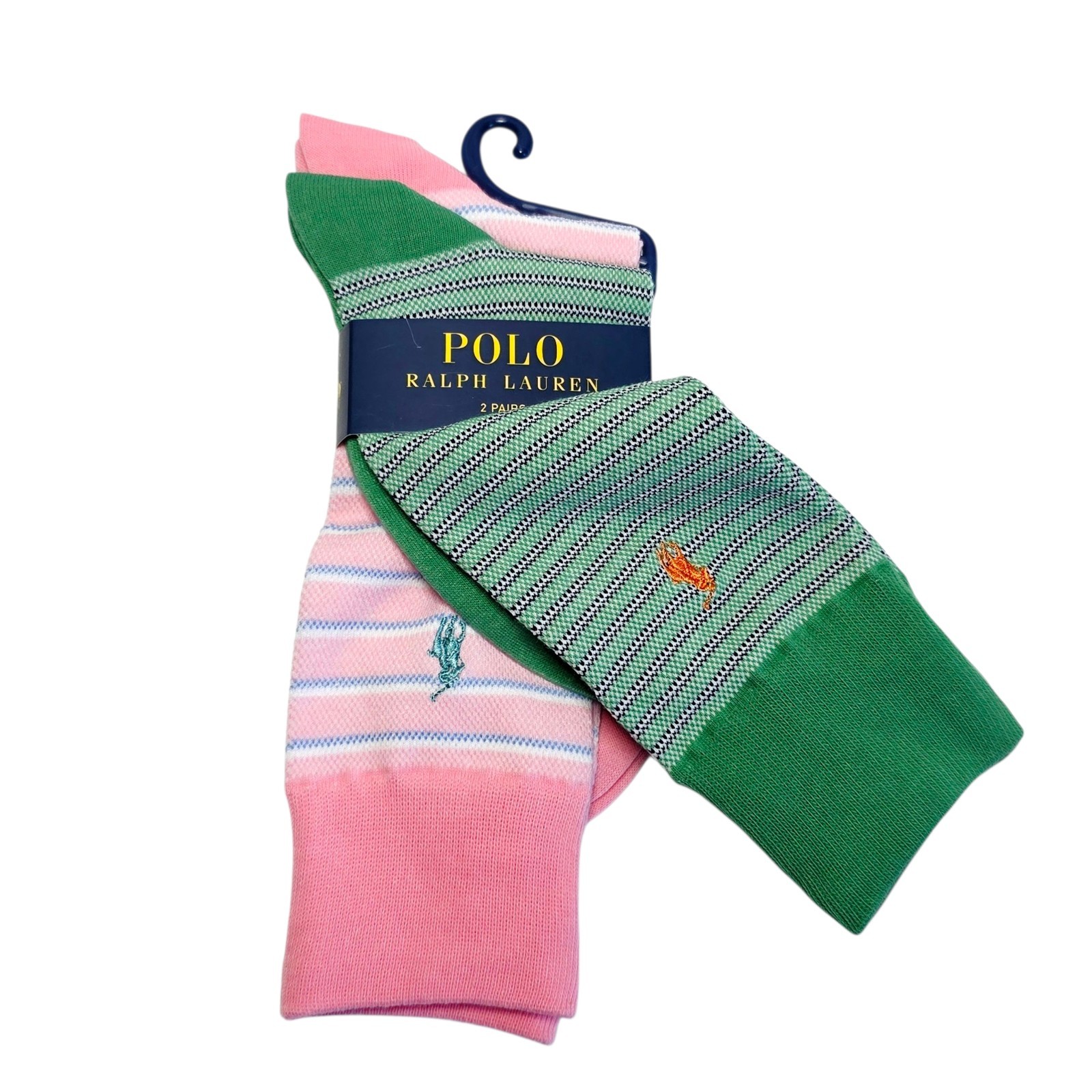 PONY Calze eleganti uomo Polo Ralph Lauren nuove confezione da 2 verde rosa a righe girocollo nuove con etichette