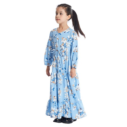 Kids Girls Muslim Islamic Floral Long Sleeve Maxi Dress Abaya Kaftan Dubai Robe - Picture 23 of 92