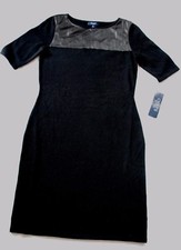 NWT - CHAPS black vinyl trim short sleeve crew neck dress (M) MSRP $110