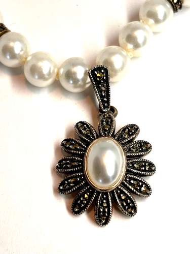 JJ Judith Jack white Pearl 925 Sterling silver necklace with Marcasite pendant - Picture 2 of 9