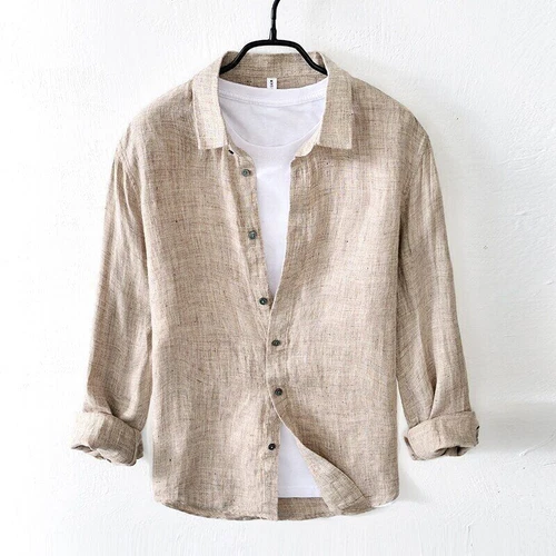 100 % reines Leinen Herrenhemd langärmelig lässig faltbarer Kragen Top Shirts - Bild 13 von 13