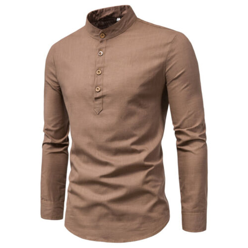Mens Casual Cotton Shirt Long Sleeve Stand Collar Pullover Button Henley T-shirt - Picture 37 of 46