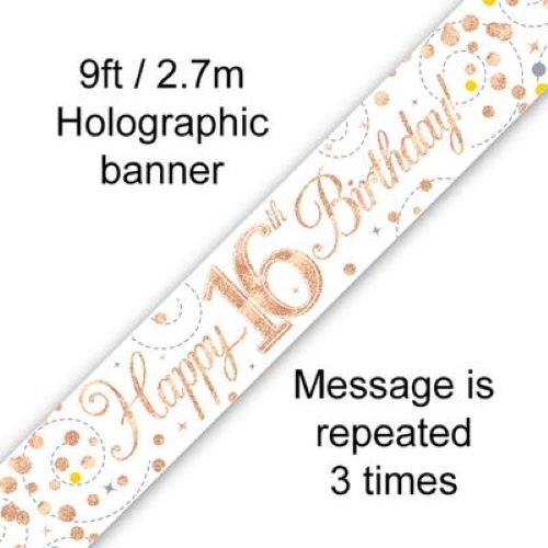 Rose Gold Sparkling Fizz Holographic Foil Birthday Banners, Bunting & Balloons