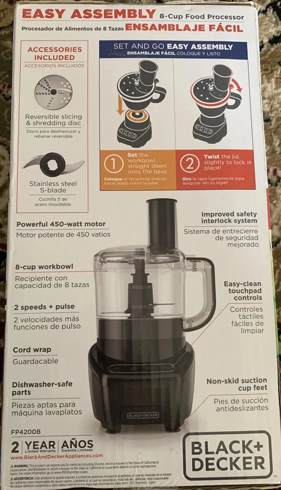 Black & Decker 8-Cup Food Processor Black Slicer Shredder 450W Shred Grind Cook - Image 2 of 4