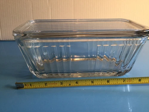 Vintage Rectangular Ribbed Clear Glass Fridge Refrigerator Dish Container stack