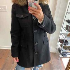 Espirit Wool Blend Black Faux Fur Trim Hoodie Size Large