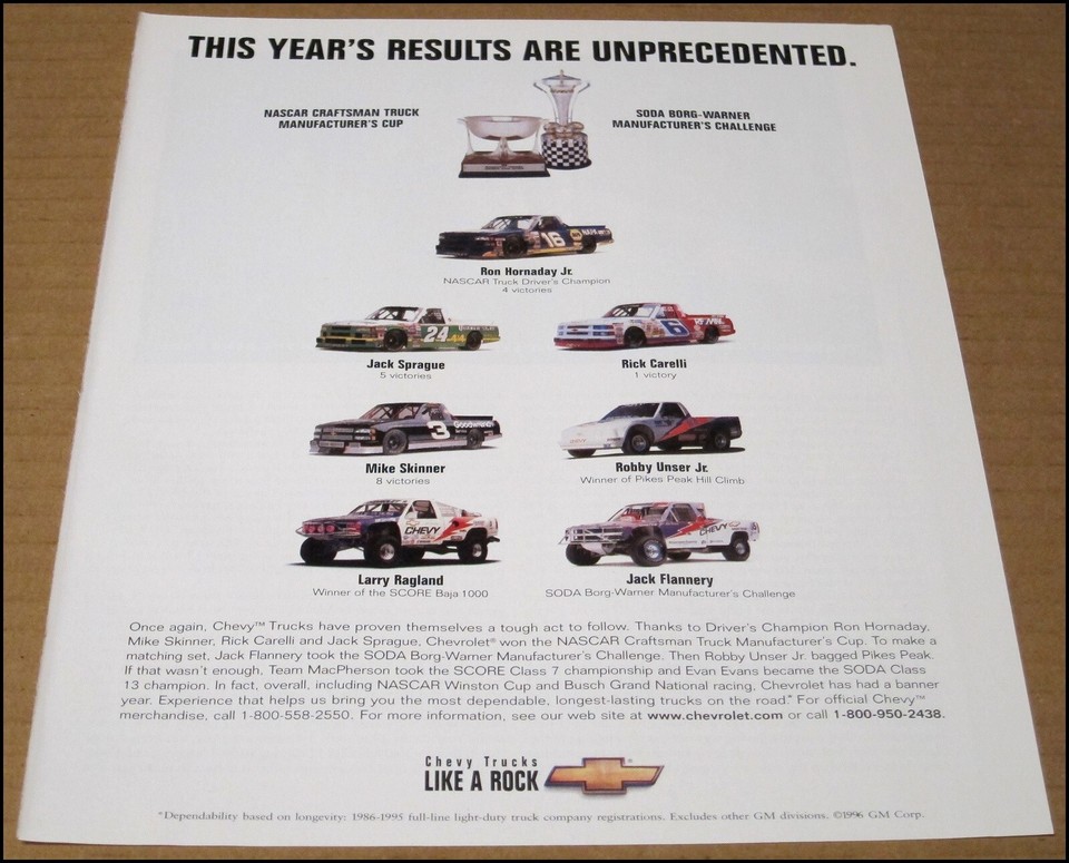 1996 Chevy Trucks Nascar Print Ad Advertisement Ron Hornaday Jr. Robby ...