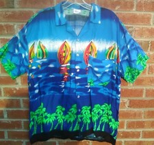 Vintage Koko Knot Men's Hawaiian Shirt Sz LG Blue Multi-Color Palm Trees Boats  