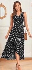 Dokuritu Polka Dot Midi Ruffled Wrap Dress Black/White Size L - NWT