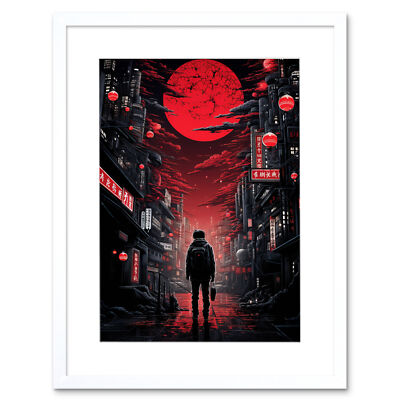 Midnight Blood Moon in Tokyo Conceptual Artwork Japanese Framed Art Print 12X16