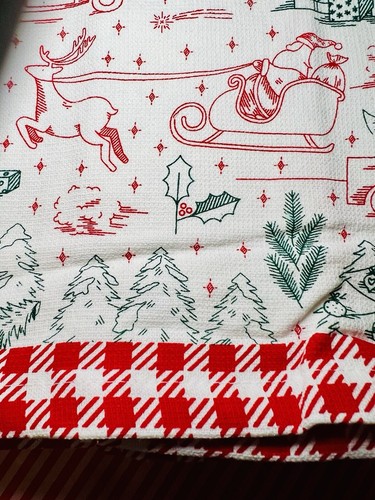 2 CHRISTMAS KITCHEN TOWELS SANTA ON SLED TREES TRUCKS GIFTS REINDEER HOLLY - Picture 10 of 11