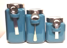 Mainstay Turquoise Canisters square 3 Pc Stoneware + Scoops + see-through lids