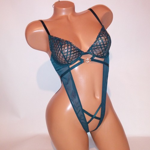 Victoria Secret Lingerie Teddy One Piece Bodysuit Green Gold Metallic Embroider - Picture 2 of 10
