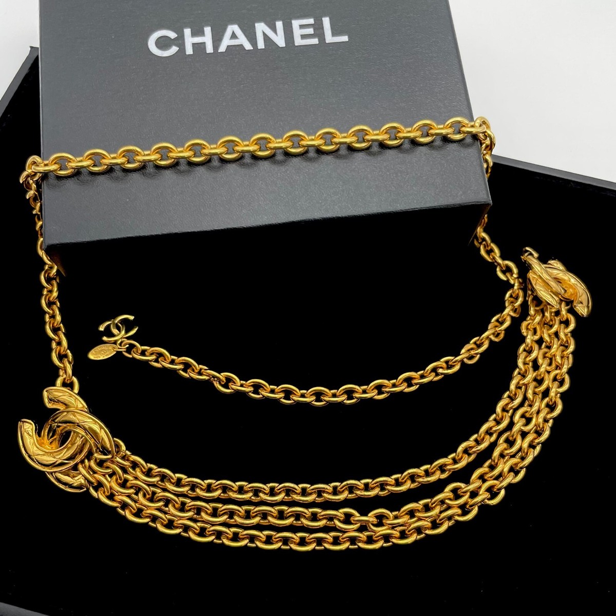 シャネル ゴールドプレート ロゴベルト 98P RAREAuth CHANEL CC LOGOS Triple Chain Style Gold-Plate Belt