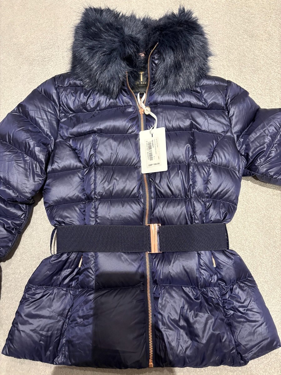 BNWT Ted Baker Junnie puffer coat jacket with faux fur collar size Navy