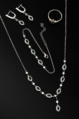 Women Jewelry Set Emerald Stone 925 Sterling Necklace Bracelet Earring Ring - Picture 3 of 15