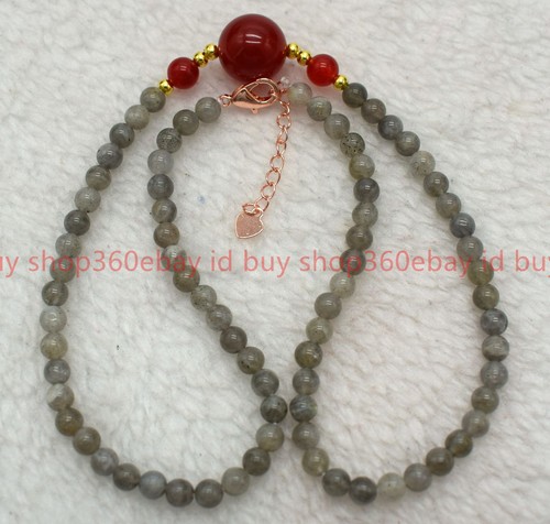 Natural 4mm Gray Labradorite Round Gemstone Beaded Red Agate Necklace 16-28in - Picture 11 of 12