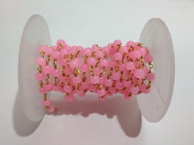 Rose Pink Chalcedony Round Rosary Beaded Chain Gold Plated Wire,4-5mm  3 Feet