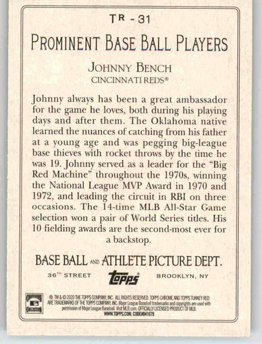 2020 Topps Prominent Baseball Players Johnny Bench Insert MLB PWE Reds #31 - Picture 2 of 2