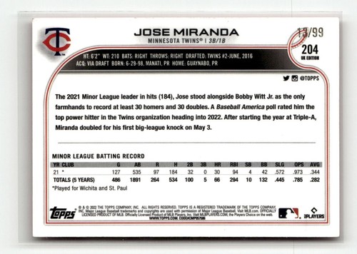 2022 Topps UK Edition - Jose Miranda #204 Red /99 (RC) - Picture 2 of 2