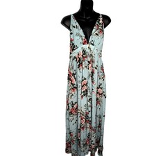Shein Women's L Grecian Blue Floral Print Maxi Dress with V-Neckline