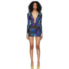 Louisa Ballou Blue Green Sheer Mesh Tropical Floral Mini Dress Medium O Ring
