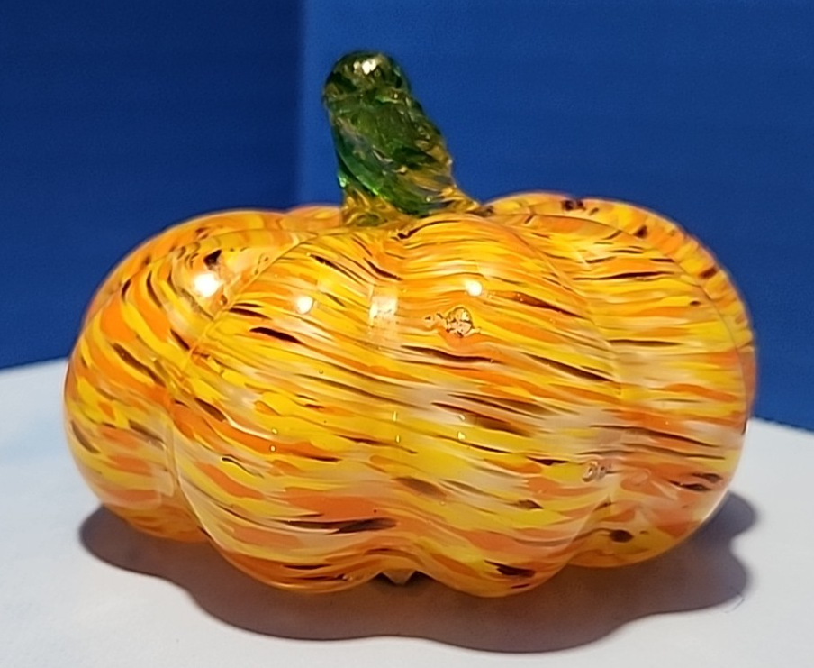 Small Art Glass Orange Pumpkin Green Coil Stem Global Village