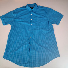 Van Heusen Men Shirt L Classic Fit Short Sleeve Plaid Turquoise Blue Button Up