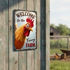 Charming Rustic Rooster Tin Sign - Welcome to The Funny Farm Decor, 8x12 Inch