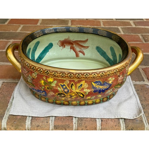 Chinese Foot Bath Satsuma Style Moriage Koi Fish Vtg Porcelain Jardiniere Gold - Picture 3 of 11