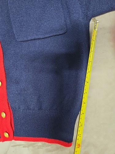 Vintage LIZ CLAIBORNE Navy Red Cardigan Merino Wool Sweater Size M Gold Button - Picture 6 of 6