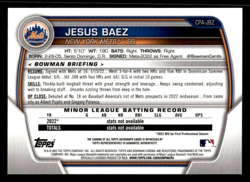Jesus Baez 2023 Bowman #CPA-JBZ Cromo Auto Verde Erba Rifrattori #33/99 - Foto 2 di 2