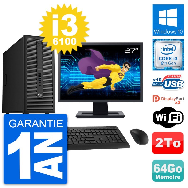 PC Tour HP 800 G2 Ecran 27" Intel i3-6100 RAM 64Go Disque Dur 2To Windows 10 Wif