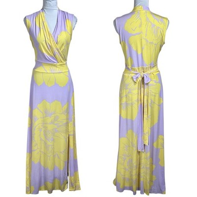 NY&Co Jersey Knit Floral Maxi Dress Size S Pastel Purple Yellow Belted Boho Y2K