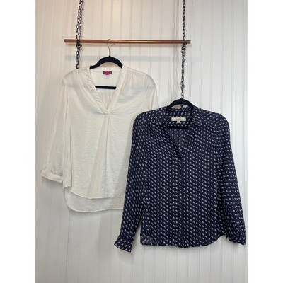 LOFT & Vince Camuto White V-Neck Blouse & Navy Button-Down Shirt Bundle Size S