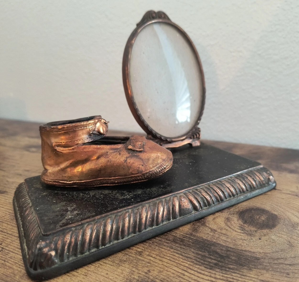 Vintage Bronze Baby Shoe with Oval Picture Frame. 