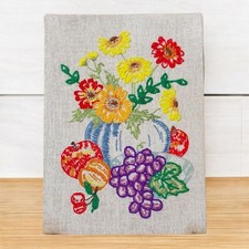 Fruit Flowers In Vase Completed Stitchery Tapestry Needlepoint Canvas 1970s