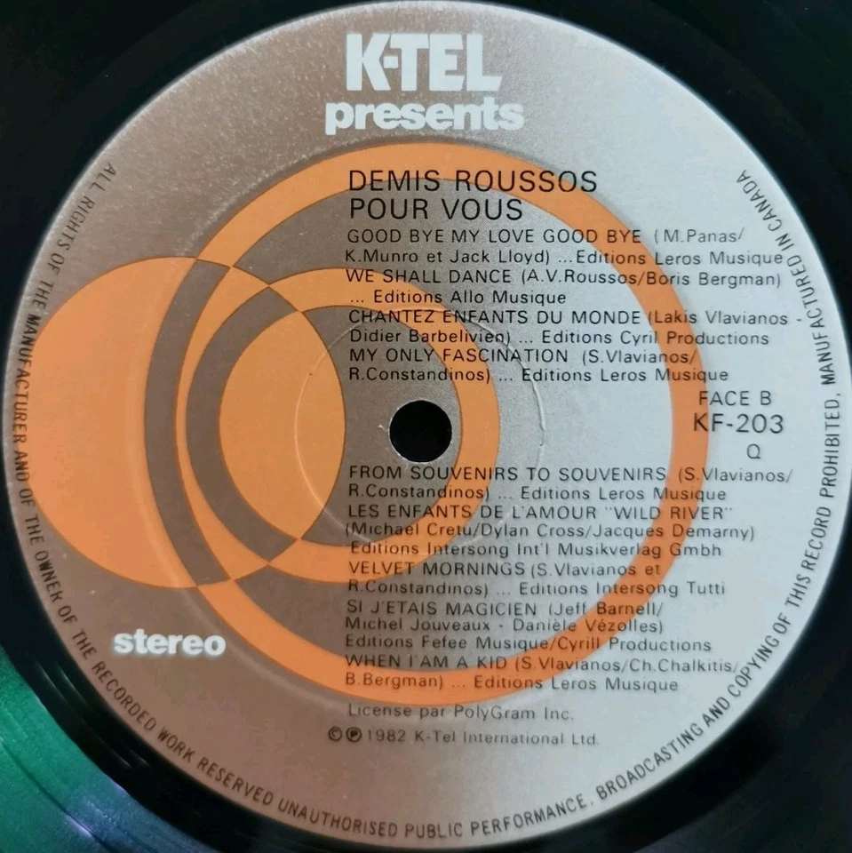 Vinyl LP Demis Roussos - Pour Vous VG KF-203 Canada Pop - Image 4 of 4