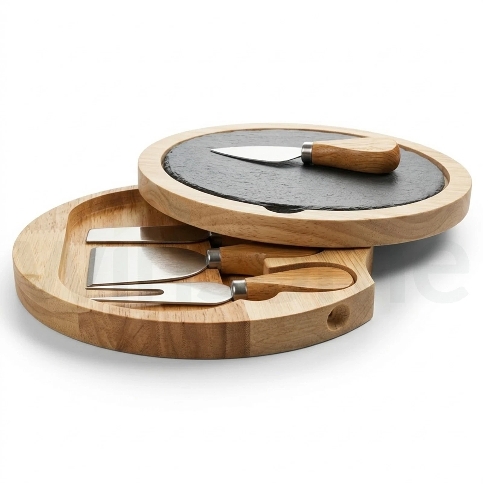 4 Pcs Cheese Board and Knife Set Hevea Wood Round Slate Cheese Board Knives Fork