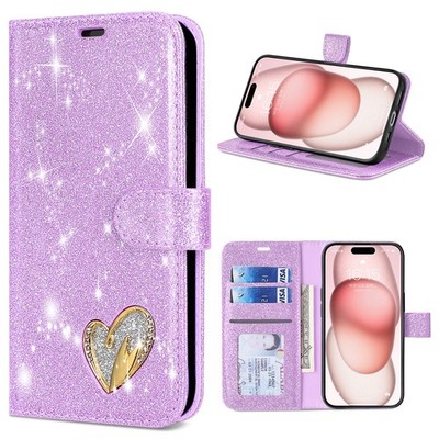 Glitter Love Heart Wallet Phone Case For iPhone 16 17 15 14 13 11 12 Pro Max XR