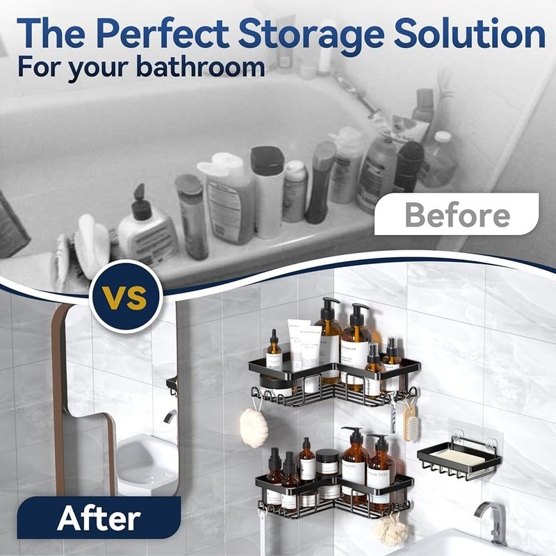 L-Shaped Corner Shower Caddy Adhesive Organizer Rustproof W/ Hooks Soap Holder