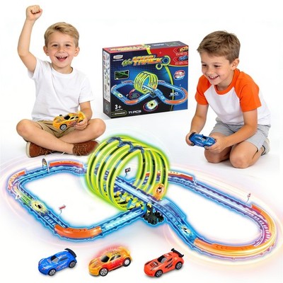 Glow Slot Car Race Track Set, 71 Pcs Glow-in-The-Dark Track Toy for Kids Ages...