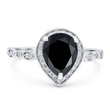 Pear Teardrop Natural Black Onyx Halo Wedding Ring 925 Sterling Silver