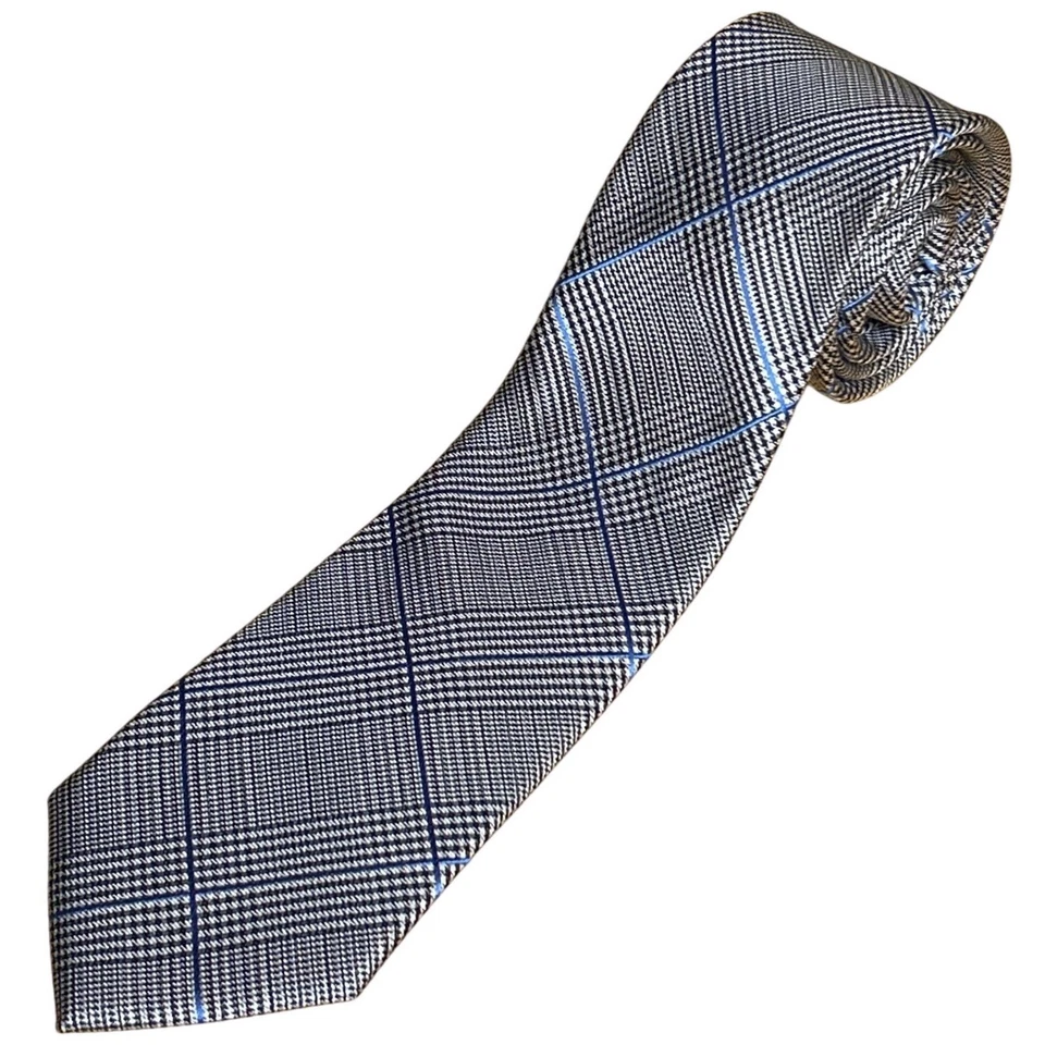 Corbata de seda a cuadros Saks Fifth Avenue Glen azul negro 3,5" de ancho Foto 3 de 4